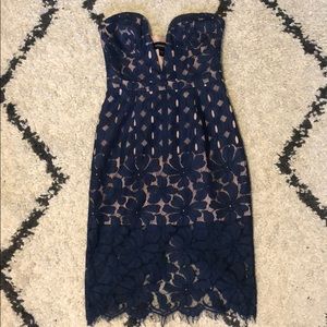 Strapless navy lace dress